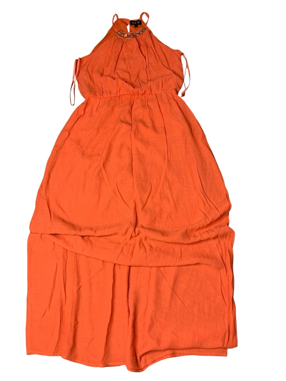AUW Coral Peach Halter High-Low Maxi Dress Gold Geometric Collar - Size 8